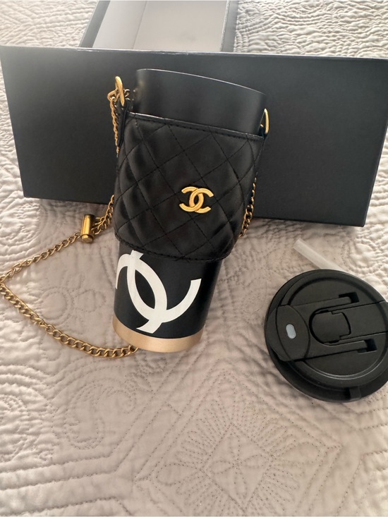 CHANEL Other - CHANEL Black Quilted Leather Chain Crossbody Cup Holder with Gold CC